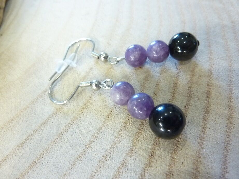 Boucles d'oreilles Lépidolite-Obsidienne oeil céleste Confiance en soi