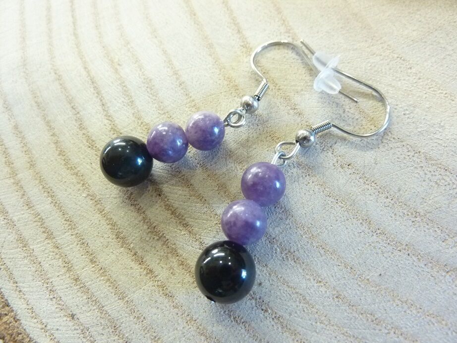 Boucles d'oreilles Lépidolite-Obsidienne oeil céleste Confiance en soi