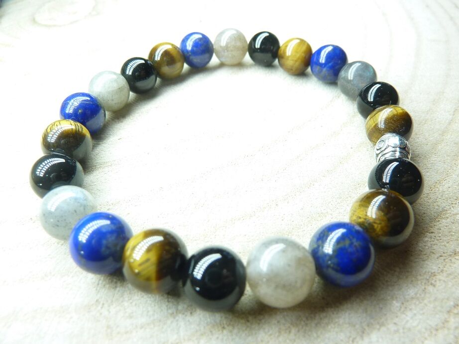Bracelet Oeil de tigre-Labradorite-Lapis lazuli-Tourmaline noire