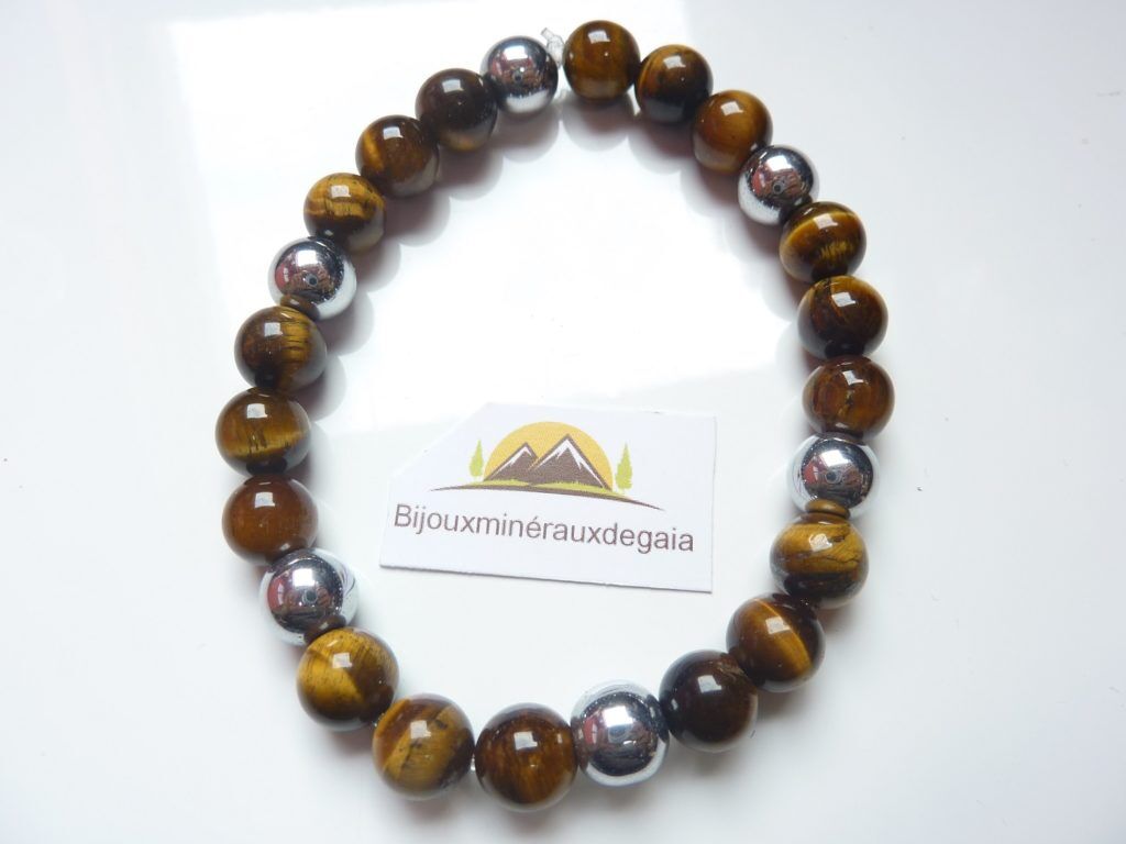 Bracelet Hématite-Oeil de tigre perles rondes 8 mm