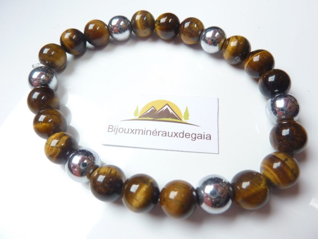 Bracelet Hématite-Oeil de tigre perles rondes 8 mm