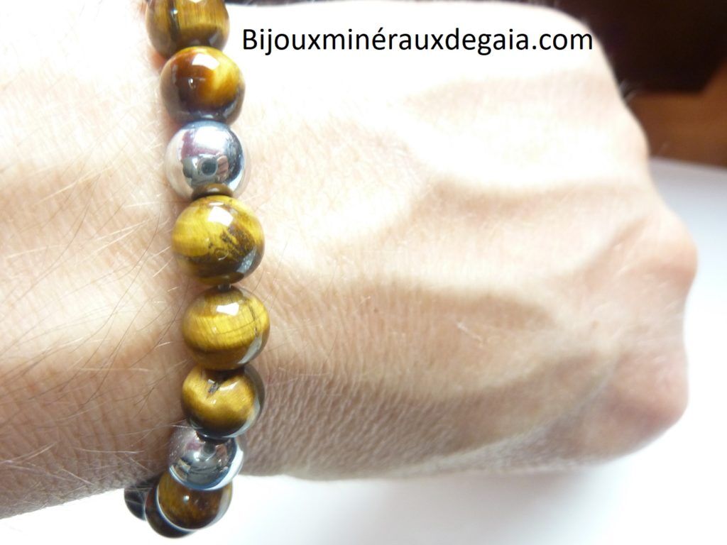 Bracelet Hématite-Oeil de tigre perles rondes 8 mm