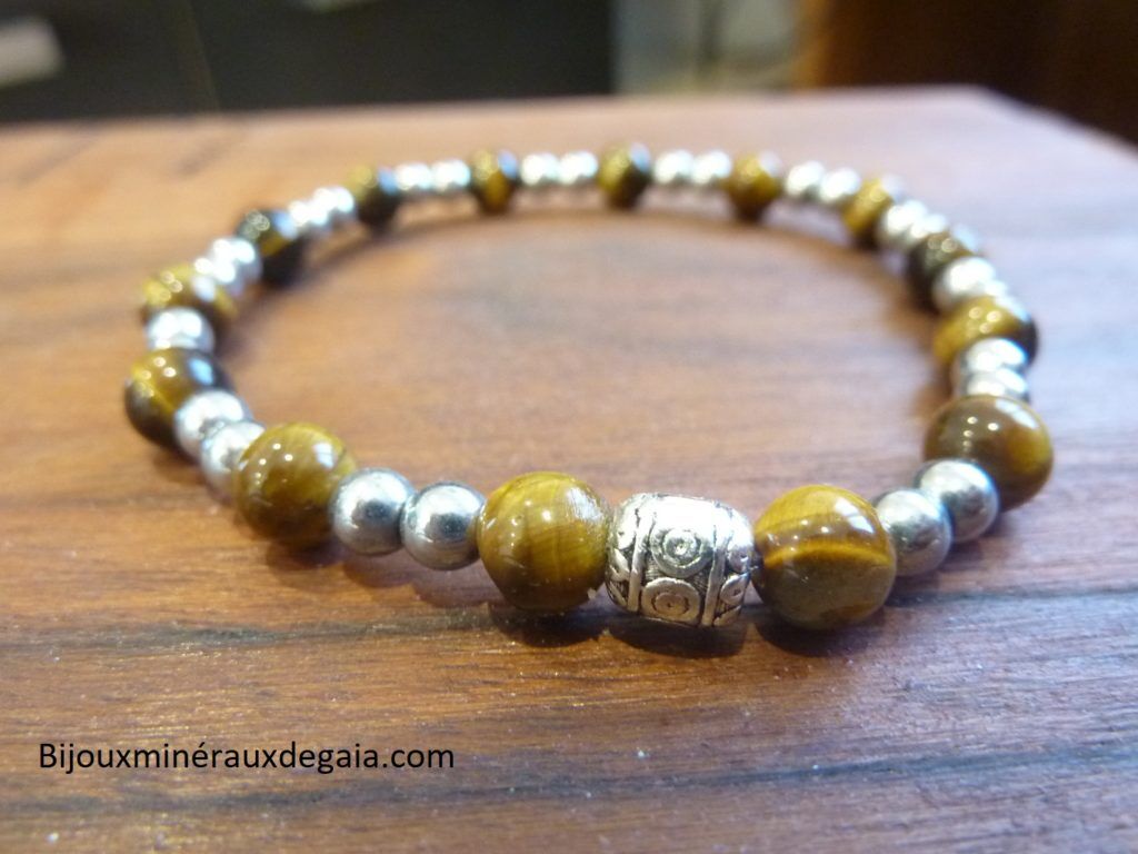 Bracelet Oeil de tigre-Hématite perles rondes 6-4 mm