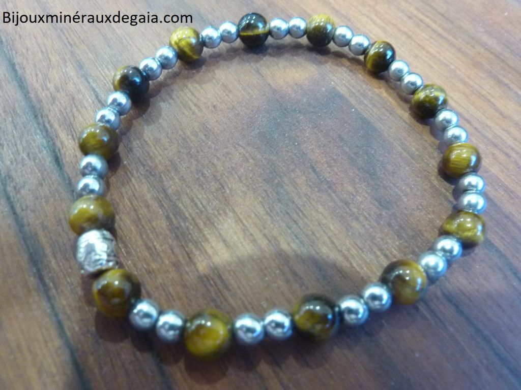 Bracelet Oeil de tigre-Hématite perles rondes 6-4 mm
