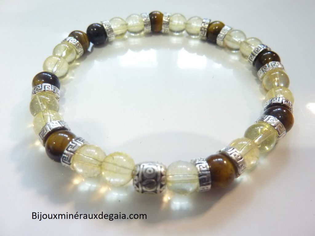 Bracelet Oeil de tigre-citrine perles rondes 6 mm