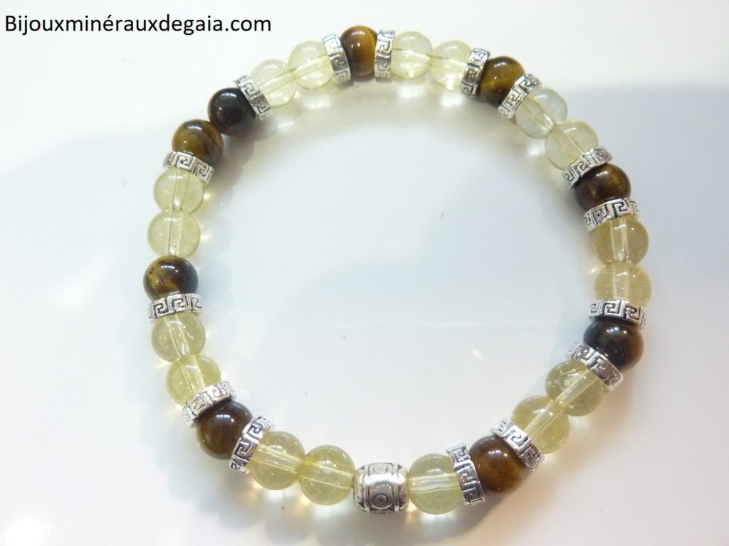 Bracelet Oeil de tigre-citrine perles rondes 6 mm