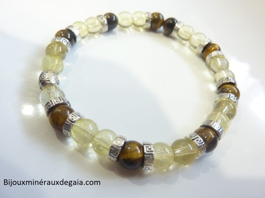 Bracelet Oeil de tigre-citrine perles rondes 6 mm