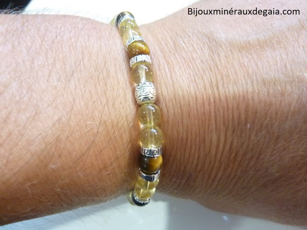 Bracelet Oeil de tigre-citrine perles rondes 6 mm