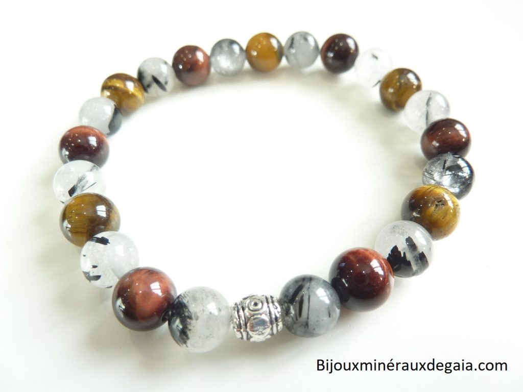 Bracelet Quartz tourmaliné-Oeil de tigre-oeil de taureau Perles rondes 8 mm
