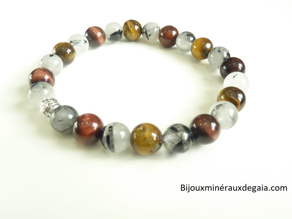 Bracelet Quartz tourmaliné-Oeil de tigre-oeil de taureau Perles rondes 8 mm