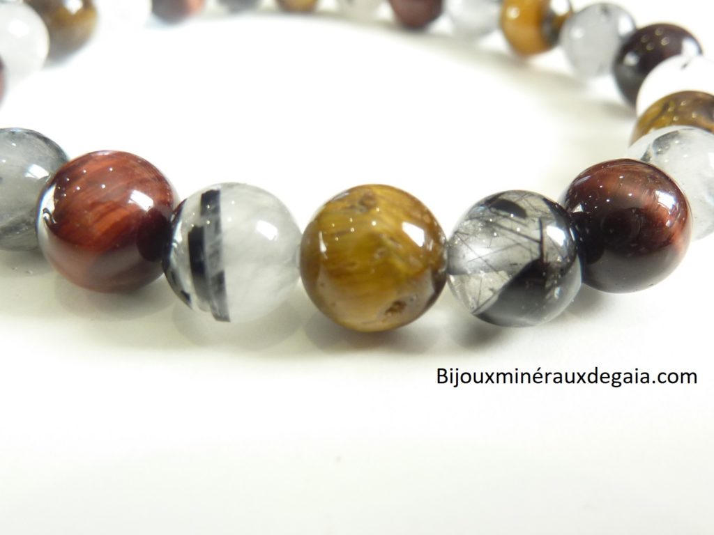 Bracelet Quartz tourmaliné-Oeil de tigre-oeil de taureau Perles rondes 8 mm