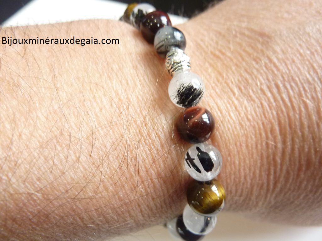 Bracelet Quartz tourmaliné-Oeil de tigre-oeil de taureau Perles rondes 8 mm