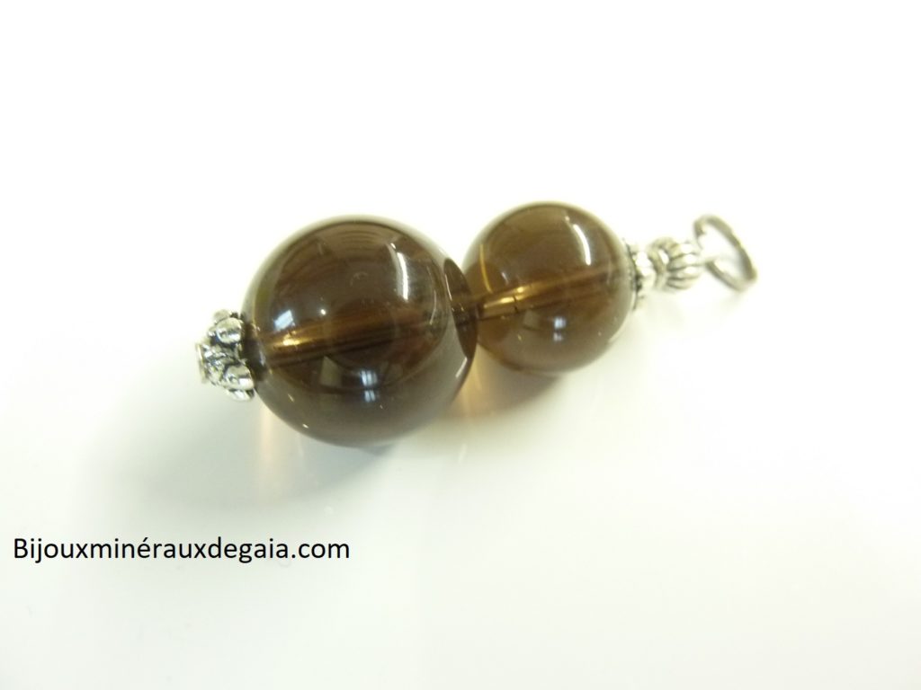 Pendentif quartz fumé - Perles rondes 14-12 mm