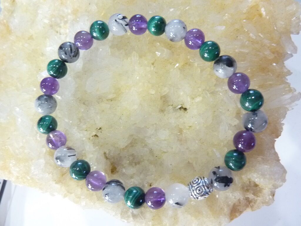 Bracelet malachite-améthyste-quartz tourmaliné