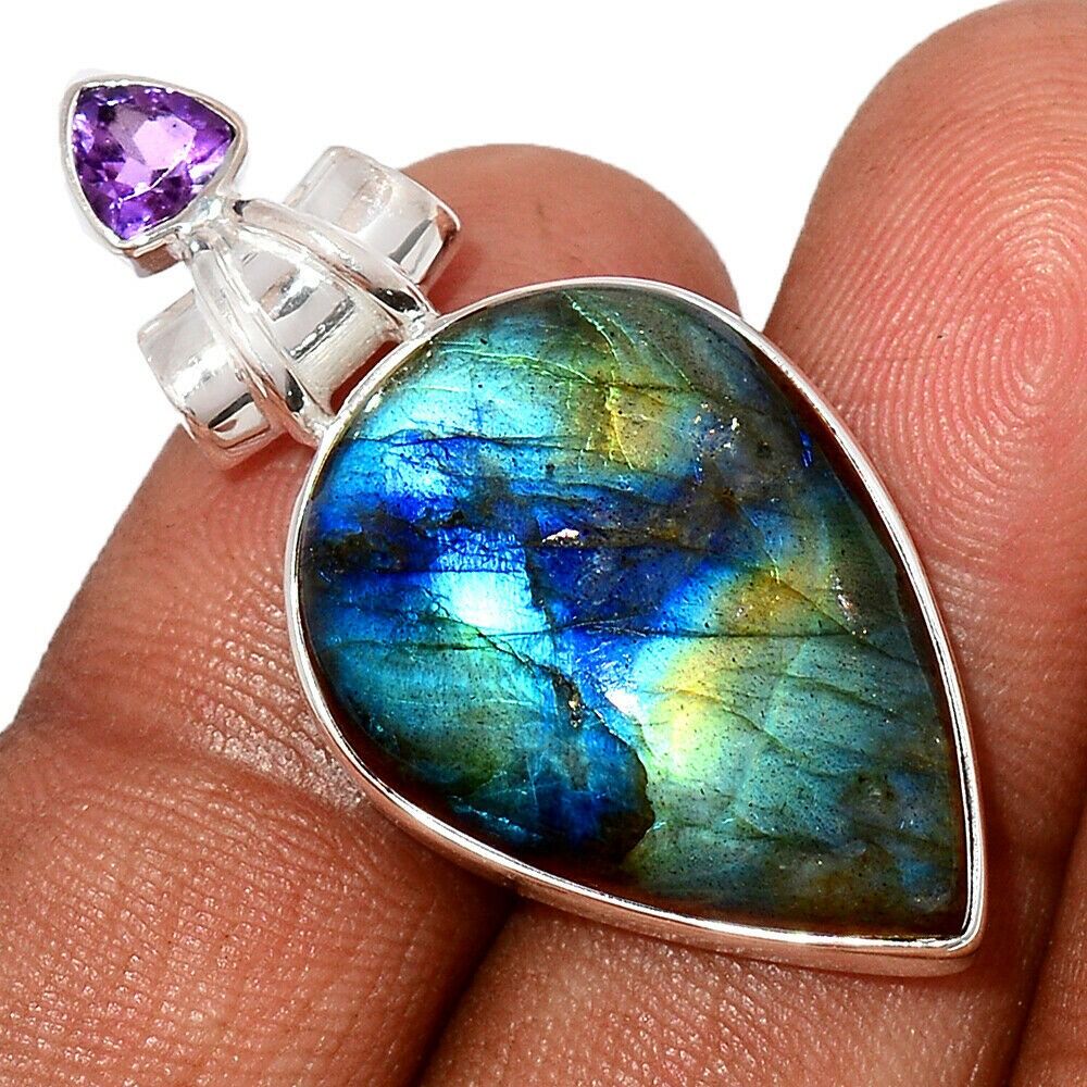 Pendentif labradorite et améthyste monture argent 925 ref 1121