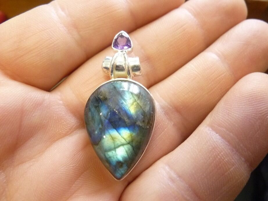 Pendentif labradorite et améthyste monture argent 925 ref 1121