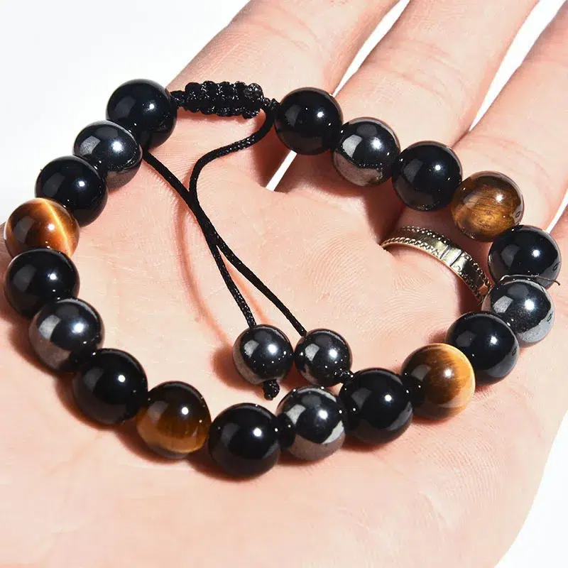 Bracelet réglable Oeil de tigre-obsidienne-hématite-perles 8 mm