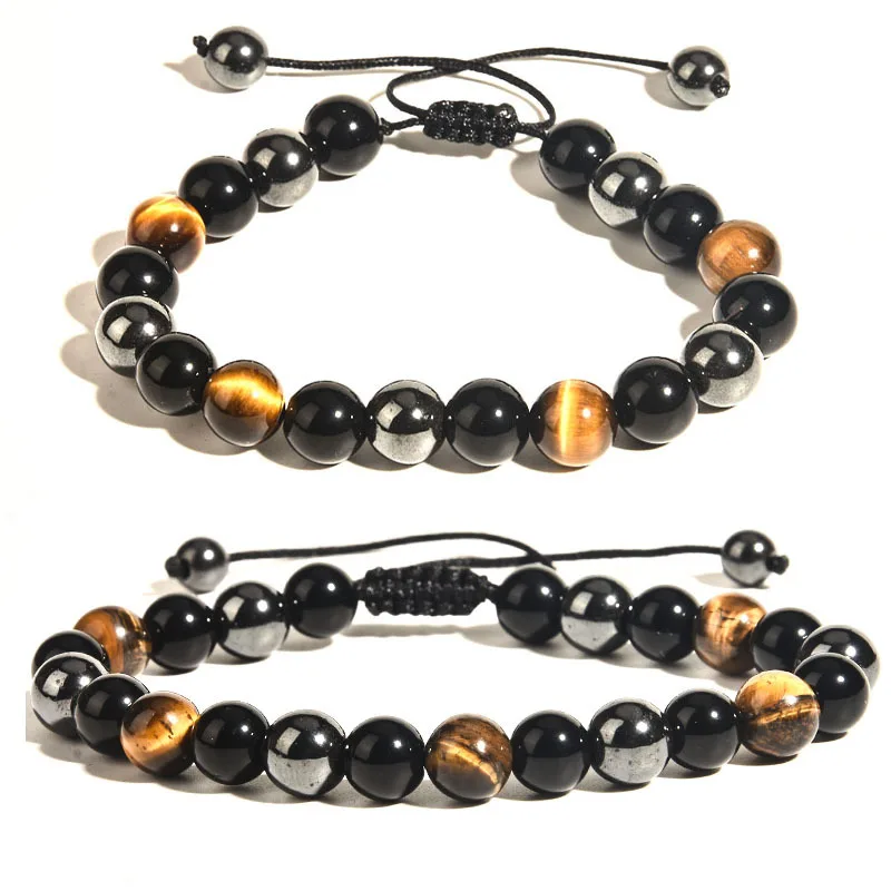 Bracelet réglable Oeil de tigre-obsidienne-hématite-perles 6mm