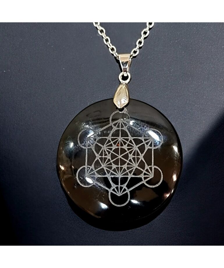 Collier pendentif cube Métatron-Obsidienne noire argent 925