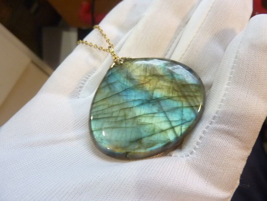 Collier pendentif Labradorite GG 0309 + chaine acier inoxydable doré 50 cm