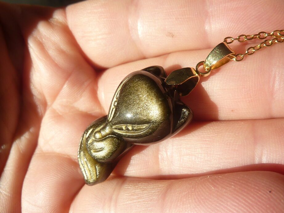 Pendentif Renard Obsidienne dorée + chaine acier inoxydable 50 cm