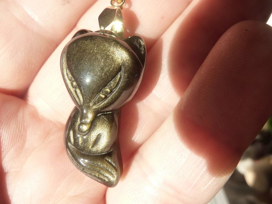 Pendentif Renard Obsidienne dorée + chaine acier inoxydable 50 cm