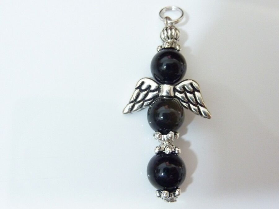 PENDENTIF PROTECTION ANGE CROIX OBSIDIENNE OEIL CELESTE 8 MM & ARGENT DU TIBET