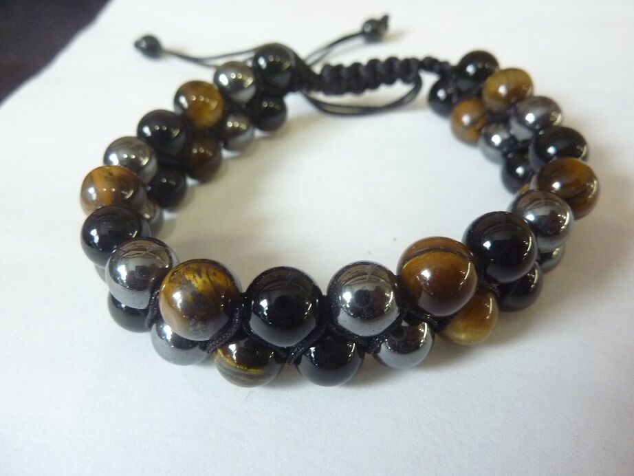 Bracelet réglable Oeil de tigre-obsidienne-hématite-perles 8mm