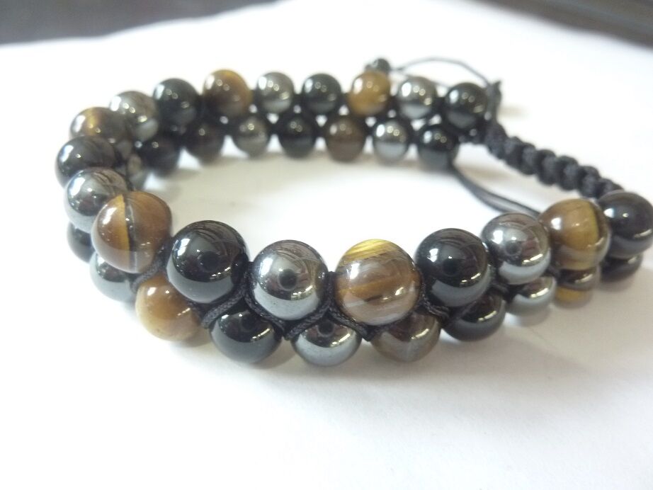 Bracelet réglable Oeil de tigre-obsidienne-hématite-perles 8mm