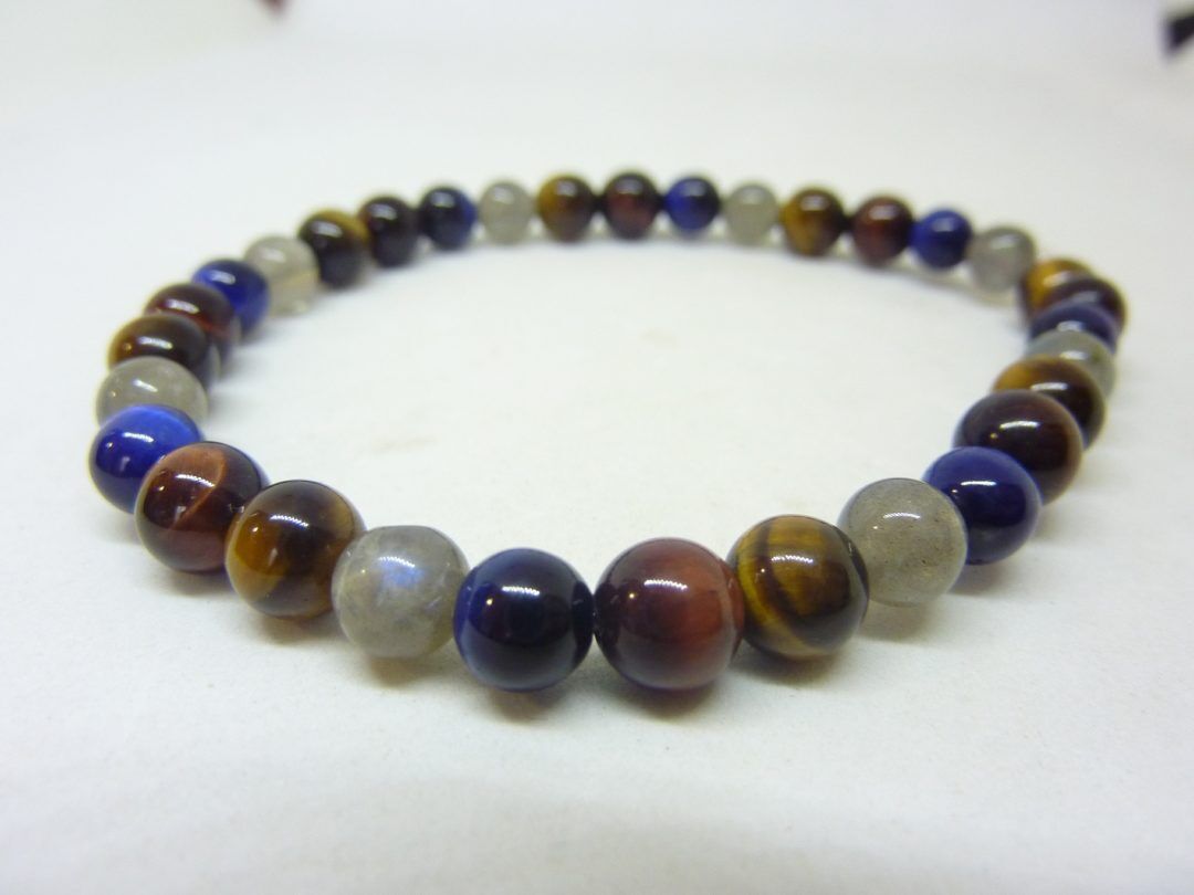 BRACELET OEIL DE TIGRE-FAUCON-TAUREAU-LABRADORITE PERLES 6 MM
