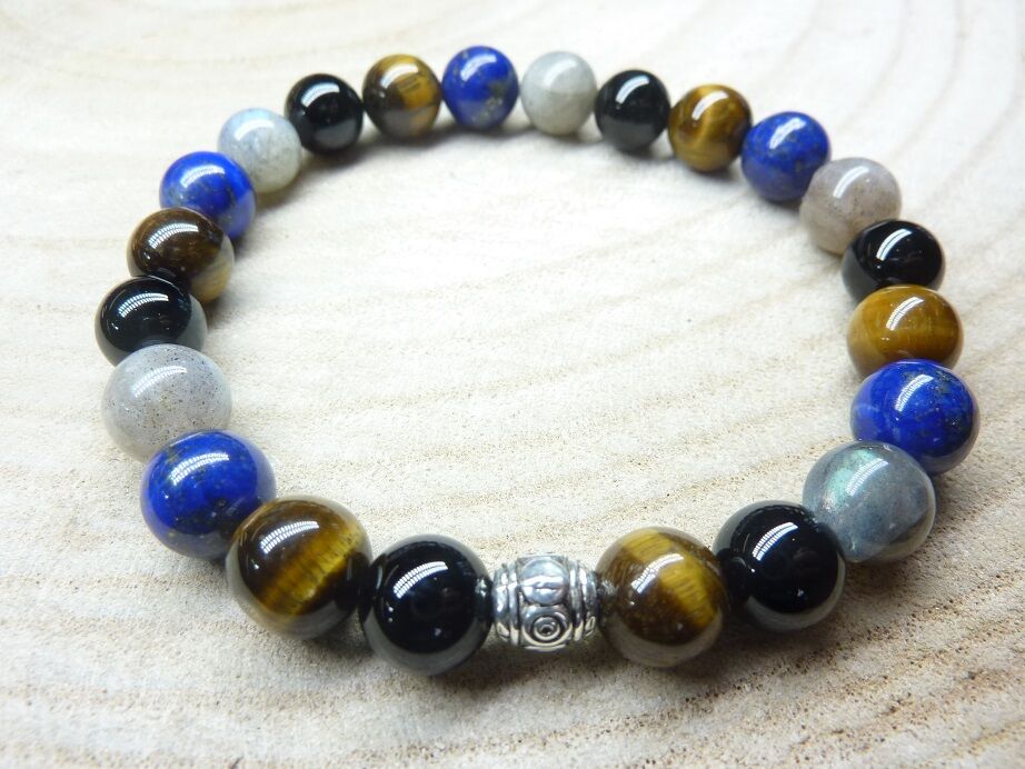 Bracelet Oeil de tigre-Labradorite-Lapis lazuli-Tourmaline noire