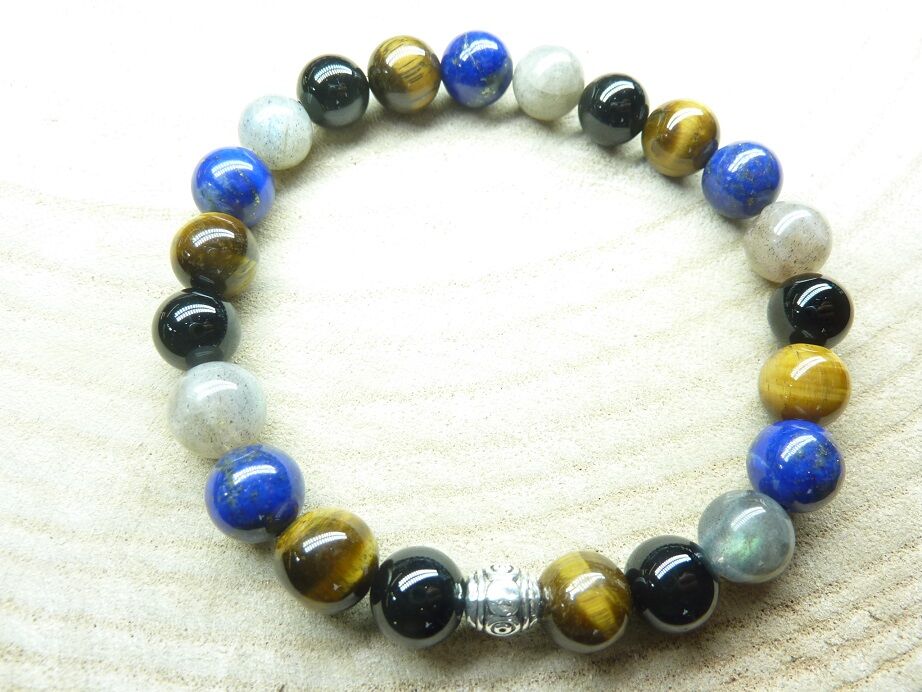 Bracelet Oeil de tigre-Labradorite-Lapis lazuli-Tourmaline noire