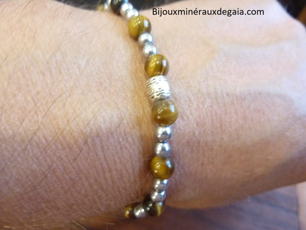 Bracelet Oeil de tigre-Hématite perles rondes 6-4 mm