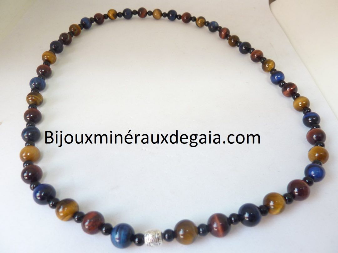 COLLIER OEIL DE TIGRE-FAUCON-TAUREAU-TOURMALINE NOIRE