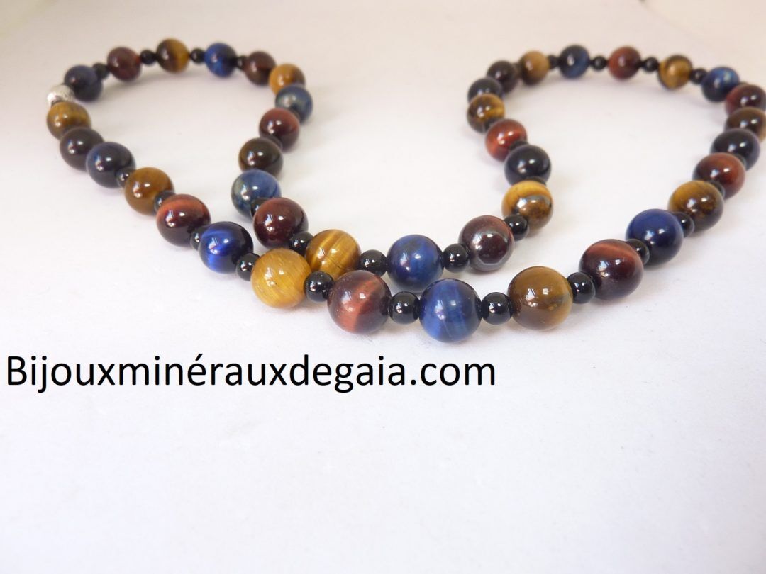 COLLIER OEIL DE TIGRE-FAUCON-TAUREAU-TOURMALINE NOIRE
