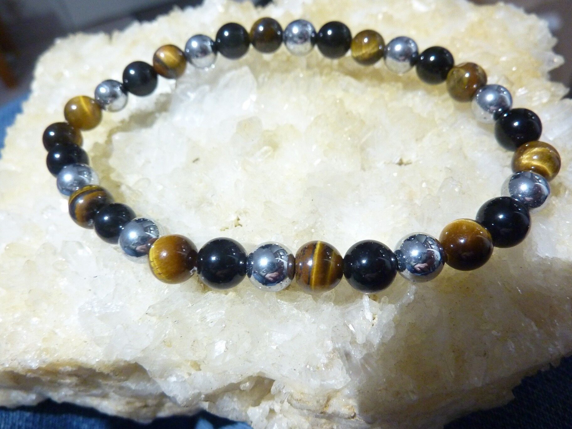 Bracelet Oeil de tigre-obsidienne oeil céleste-hématite-perles rondes 6mm – Image 4