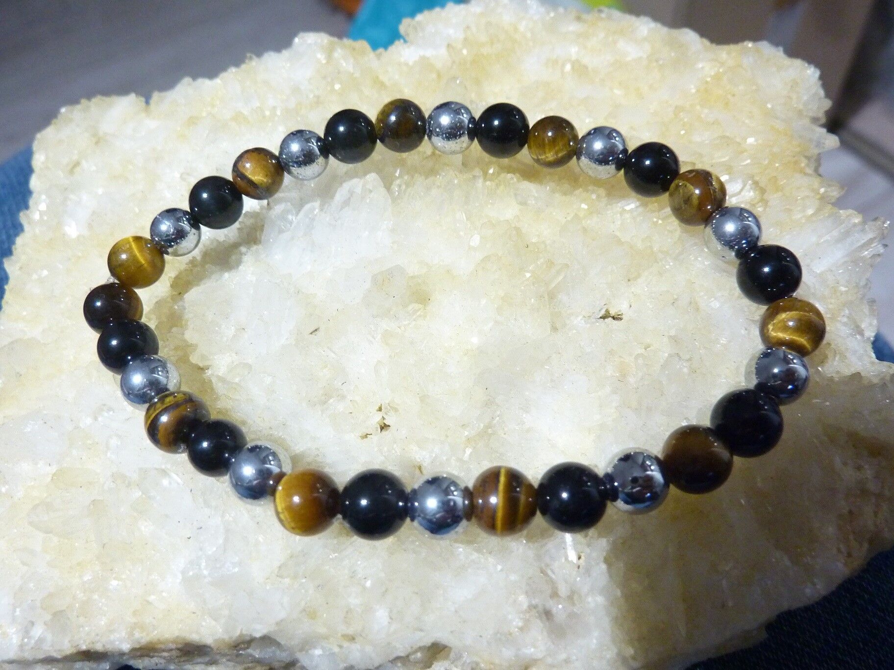 Bracelet Oeil de tigre-obsidienne oeil céleste-hématite-perles rondes 6mm – Image 3