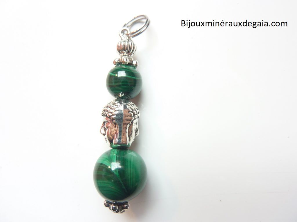 Pendentif Bouddha malachite perles 12-8 mm longueur 4 cm