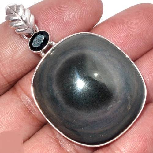 Pendentif protection obsidienne oeil celeste et onyx noir monture arg925 2264