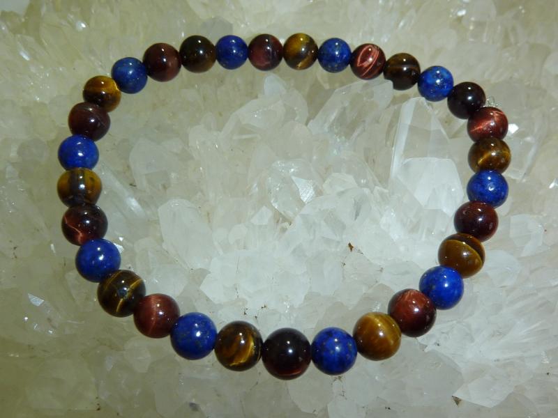 Bracelet protection Oeil de tigre Taureau Lapis lazuli perles rondes 6mm