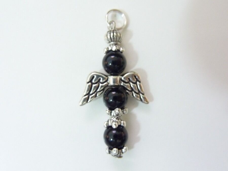 PENDENTIF PROTECTION CROIX ANGE EN TOURMALINE NOIRE PERLES 6MM