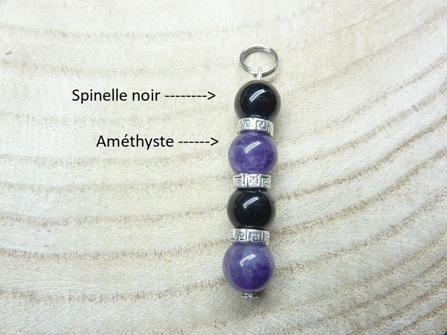 Pendentif calme et protection: amethyste,spinelle noir perles 8 mm
