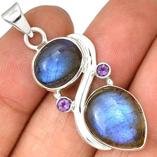 Pendentif protection labradorite et améthyste monture argent 925 ref 2415