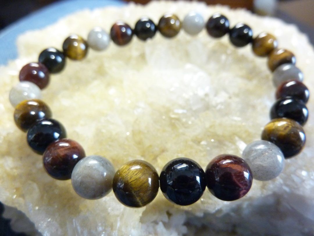 BRACELET OEIL DE TIGRE-TAUREAU-LABRADORITE-TOURMALINE NOIRE 8 MM – Image 2