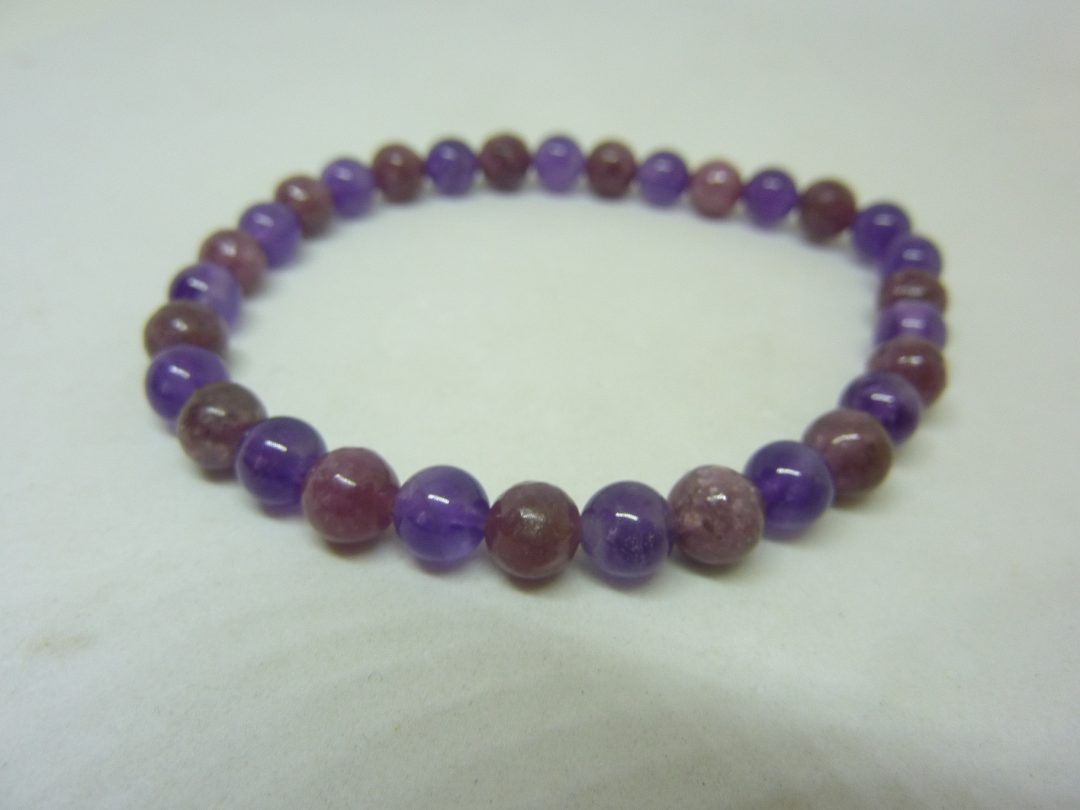 Bracelet anti stress Lépidolite-Améthyste perles rondes 6 mm