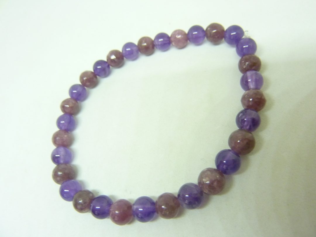 Bracelet anti stress Lépidolite-Améthyste perles rondes 6 mm