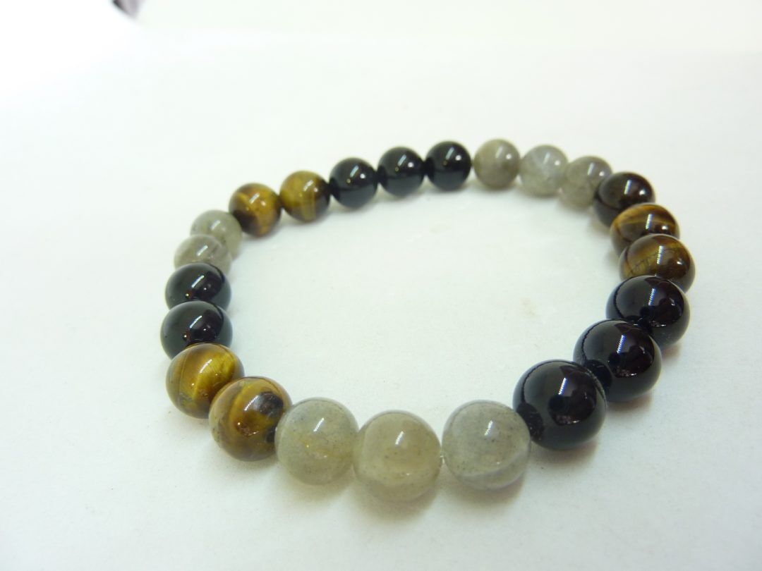 BRACELET OEIL DE TIGRE-LABRADORITE-TOURMALINE NOIRE 8MM