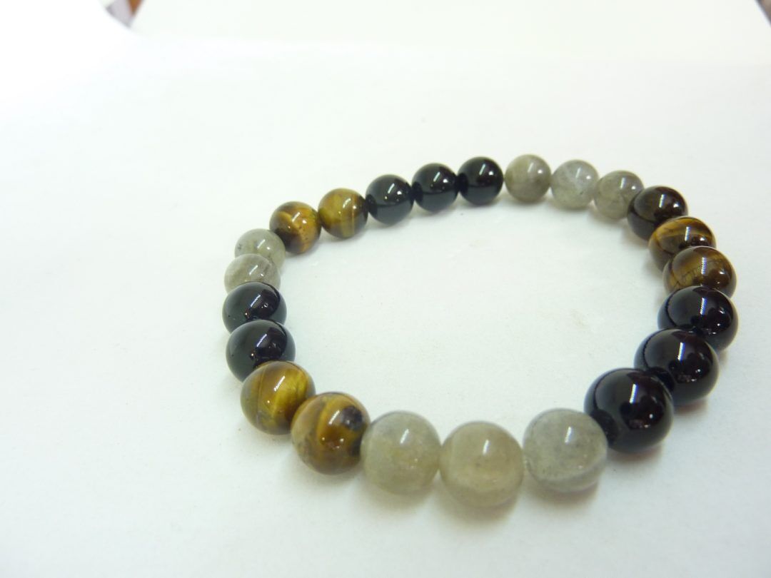 BRACELET OEIL DE TIGRE-LABRADORITE-TOURMALINE NOIRE 8MM