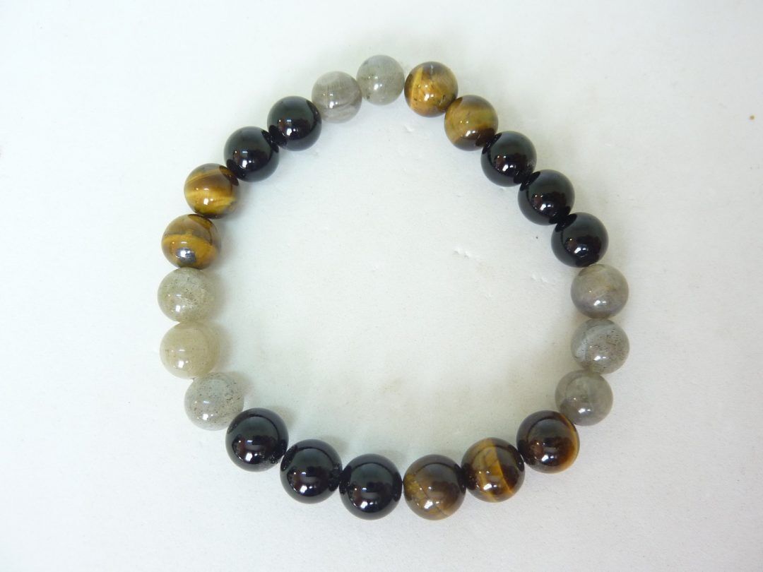 BRACELET OEIL DE TIGRE-LABRADORITE-TOURMALINE NOIRE 8MM