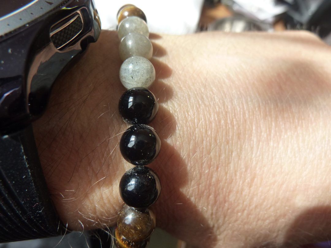 BRACELET OEIL DE TIGRE-LABRADORITE-TOURMALINE NOIRE 8MM